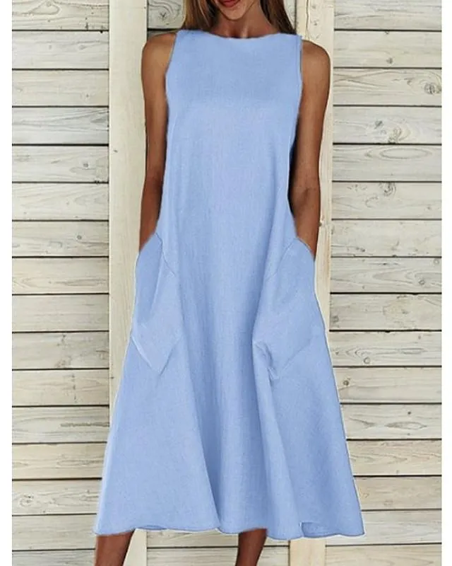 Dunnmall Women's A-Line Dress Midi Dress - Sleeveless Pocket Summer Basic Hot Holiday White Blue Yellow Gray S M L XL XXL