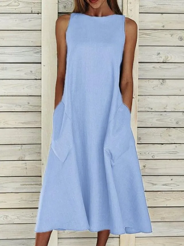 Dunnmall Women's A-Line Dress Midi Dress - Sleeveless Pocket Summer Basic Hot Holiday White Blue Yellow Gray S M L XL XXL