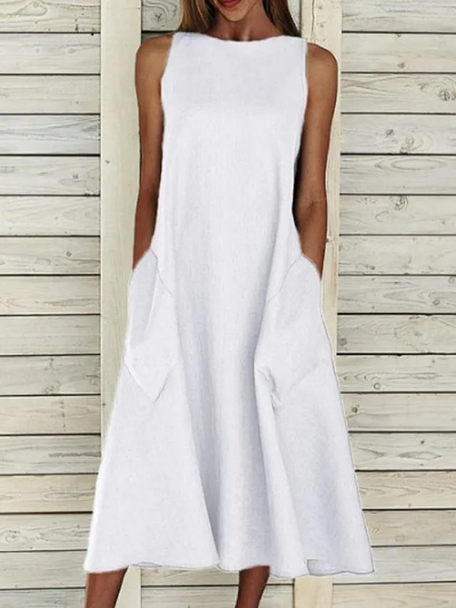 Dunnmall Women's A-Line Dress Midi Dress - Sleeveless Pocket Summer Basic Hot Holiday White Blue Yellow Gray S M L XL XXL