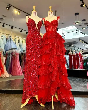 Elegant A-line Straps Lace Long Prom Dress Layered Formal Dress Evening Dress #JKP004