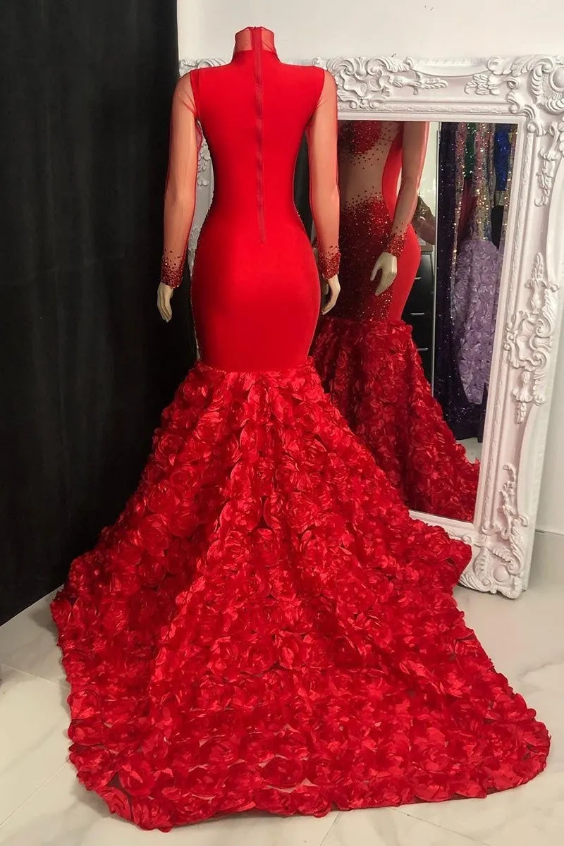 Glamorous High Neck Long Sleeves Prom Dresses Mermaid Flowers Bottom With Beads