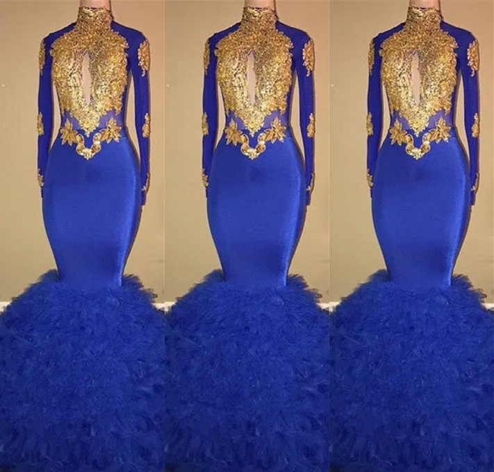 Gorgeous High-Neck Long Sleeve Prom Dresses | Mermaid Royal Blue Evening Gowns BC0854