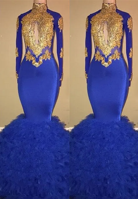 Gorgeous High-Neck Long Sleeve Prom Dresses | Mermaid Royal Blue Evening Gowns BC0854
