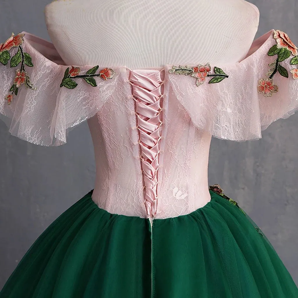 Green Off the Shoulder Floor Length Prom Dress with Appliques Puffy Quinceanera Dress