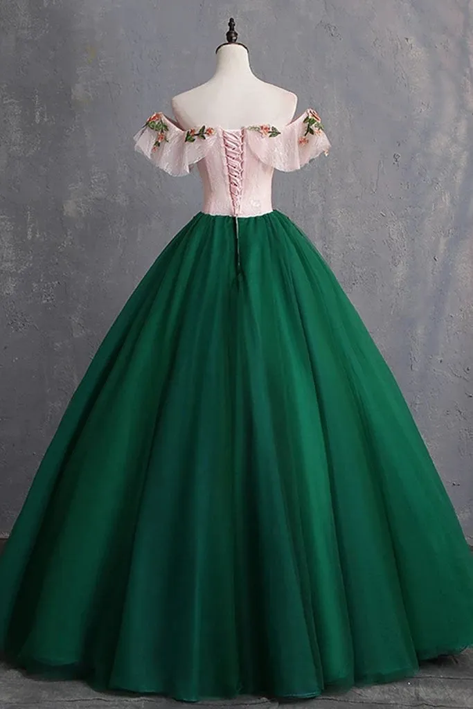 Green Off the Shoulder Floor Length Prom Dress with Appliques Puffy Quinceanera Dress