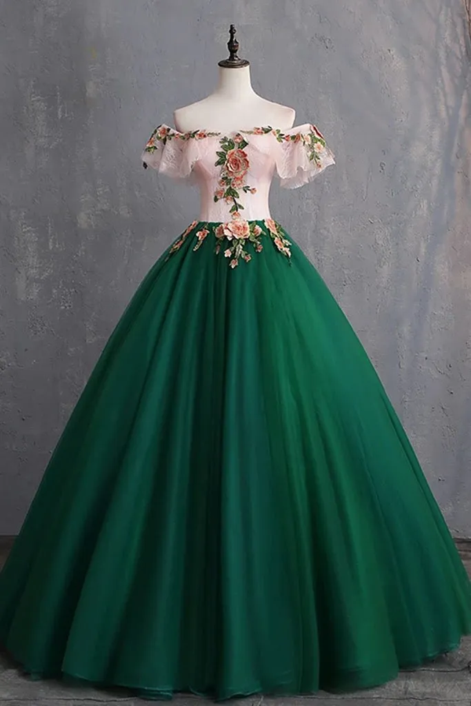 Green Off the Shoulder Floor Length Prom Dress with Appliques Puffy Quinceanera Dress