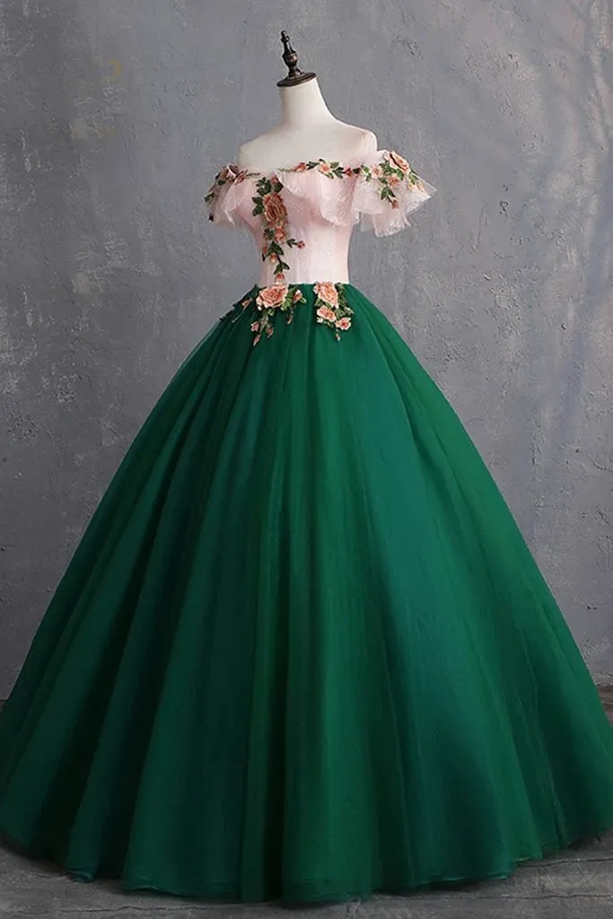 Green Off the Shoulder Floor Length Prom Dress with Appliques Puffy Quinceanera Dress
