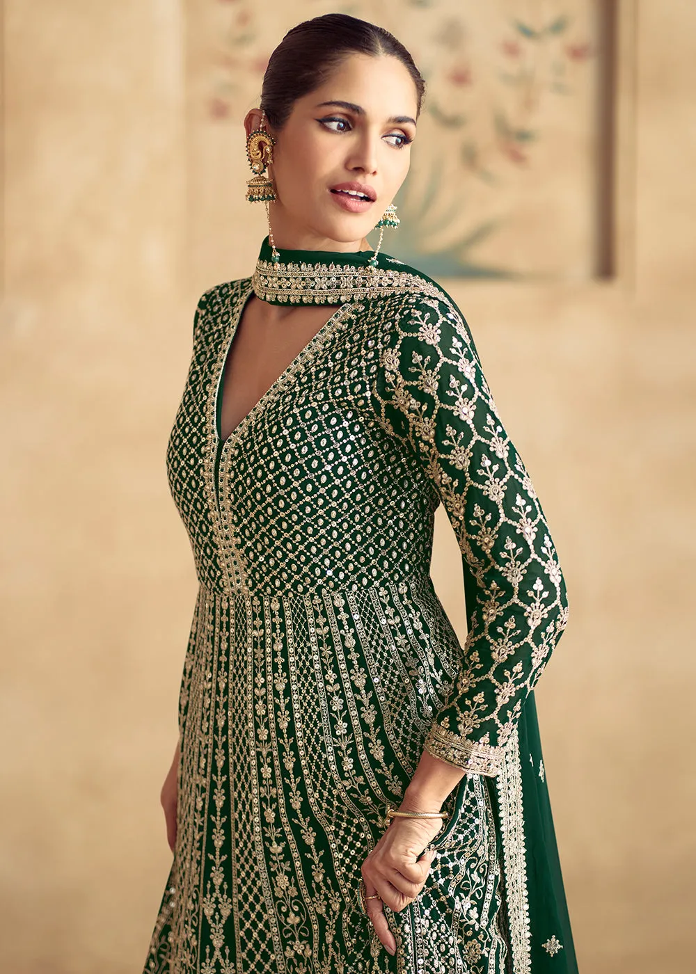 Green Traditional Embroidered Festive Anarkali Gown