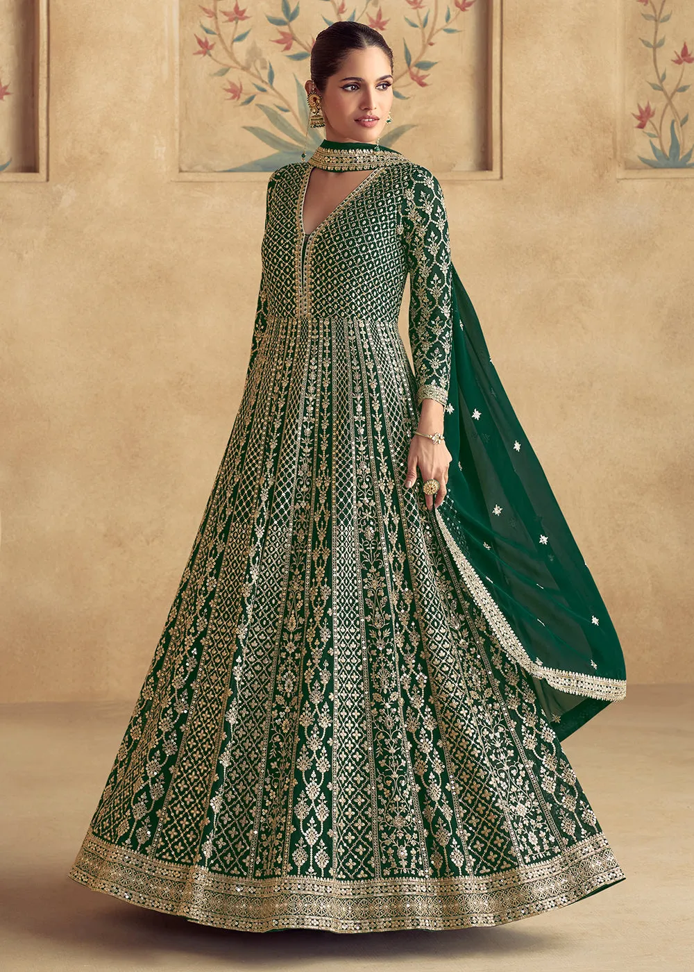 Green Traditional Embroidered Festive Anarkali Gown
