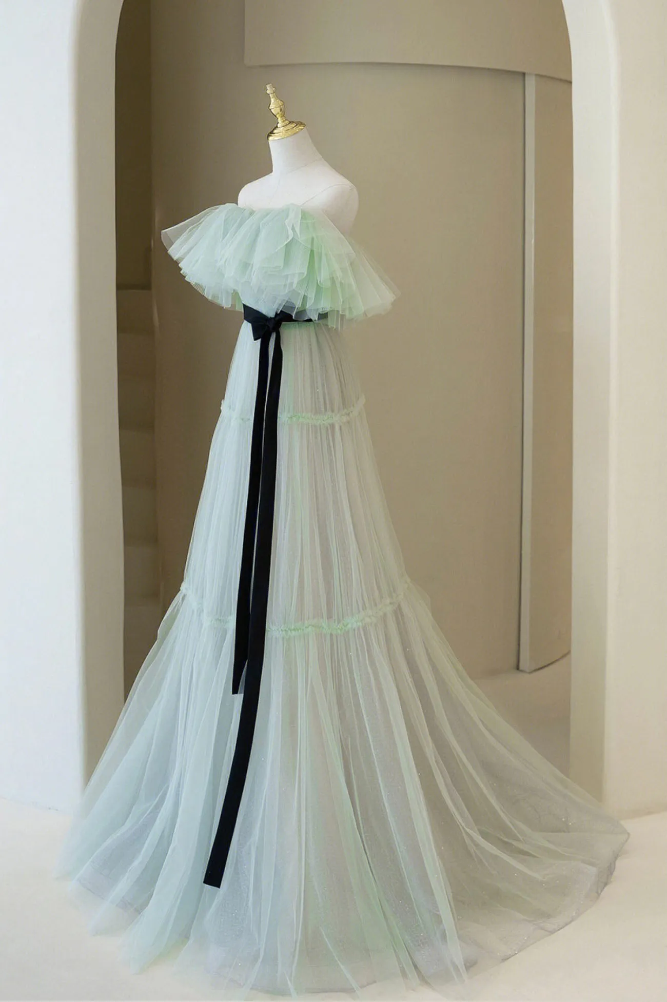 Green Tulle Floor Length Prom Dress A-Line Off Shoulder Evening Dress