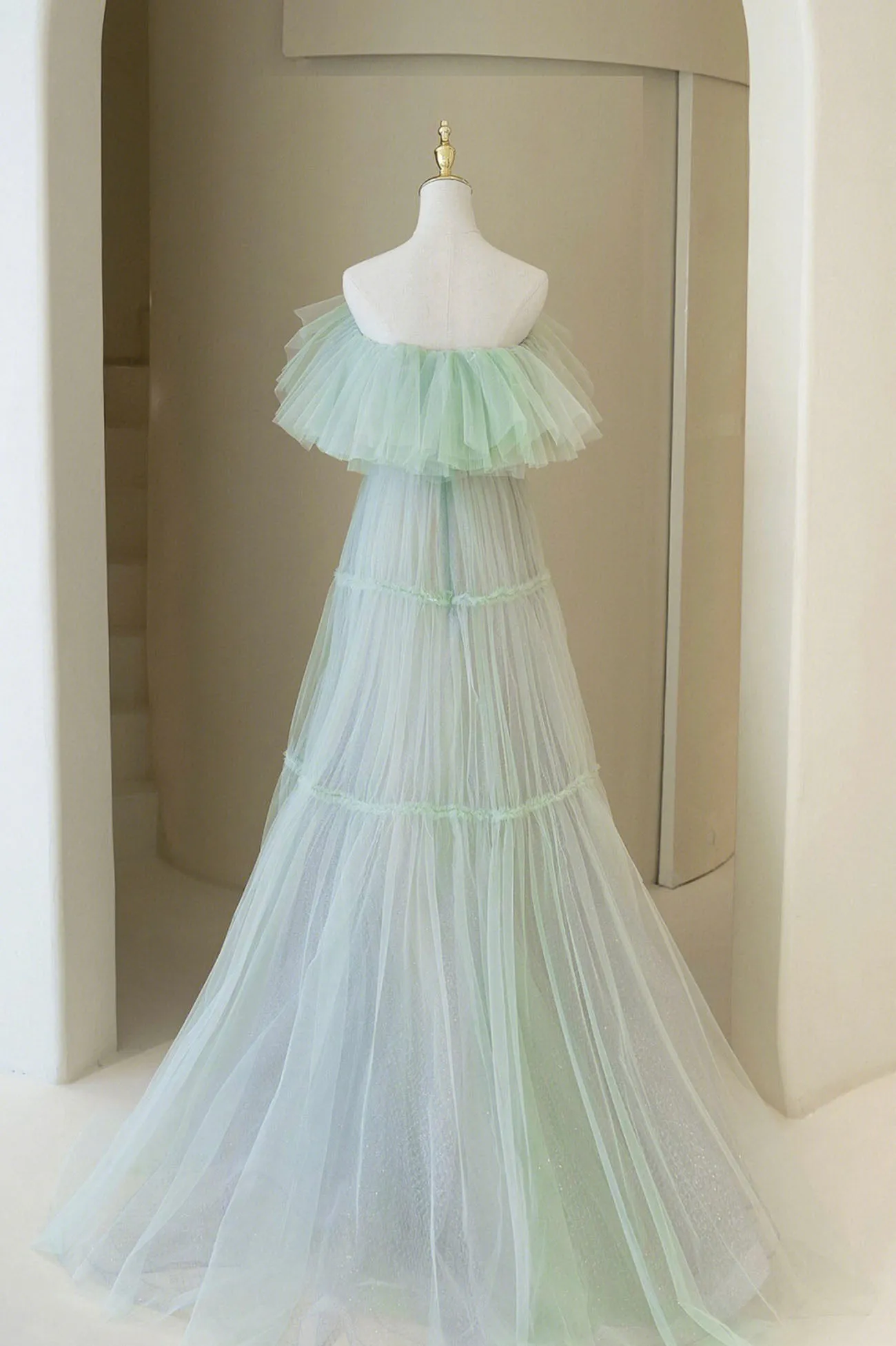 Green Tulle Floor Length Prom Dress A-Line Off Shoulder Evening Dress