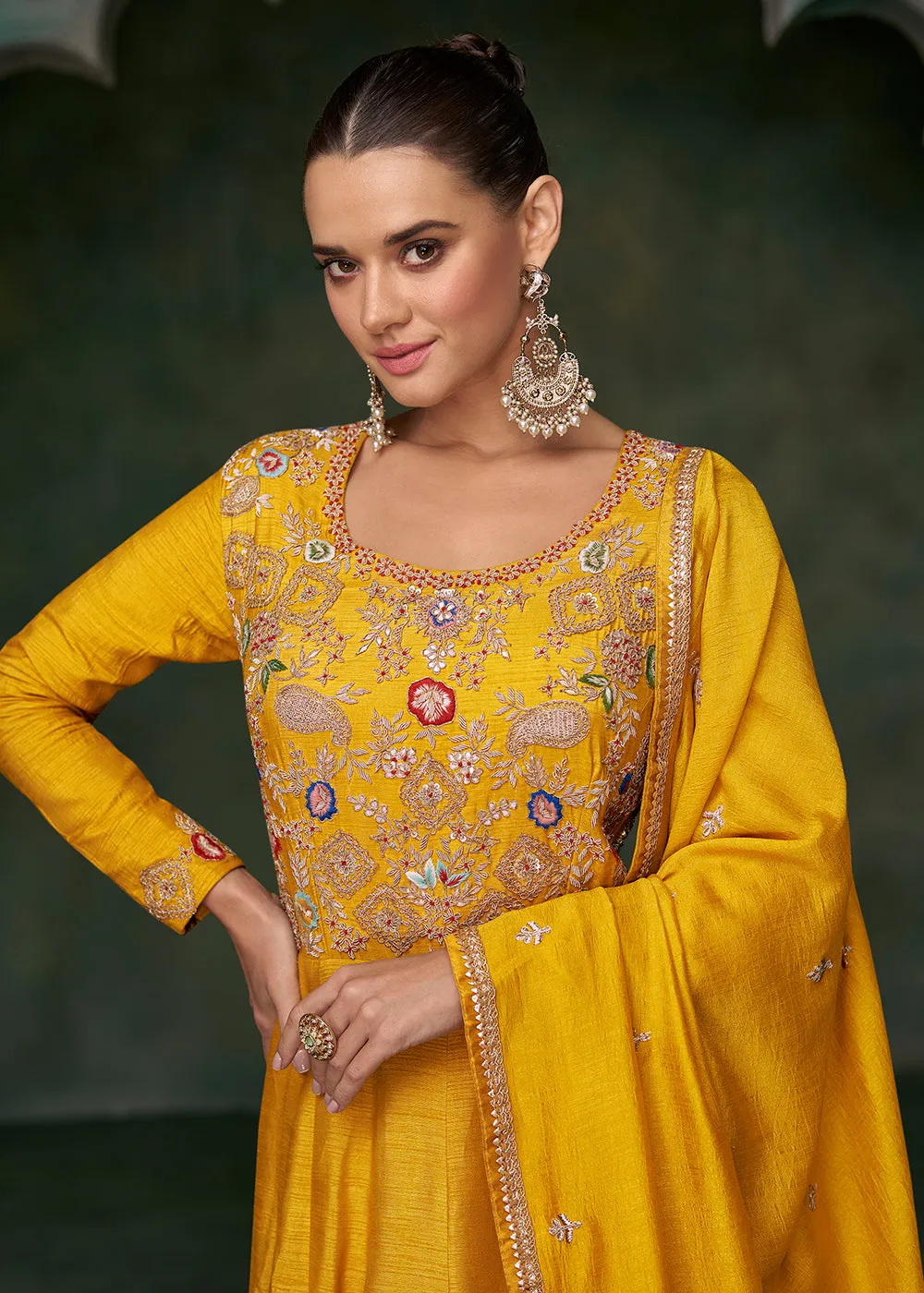 Haldi Wear Mustard Premium Silk Indian Anarkali Gown