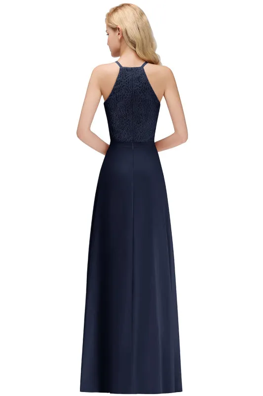 Halter Pleated Chiffon Aline Bridesmaid Dress Floral Lace Floor Length Evening Dress
