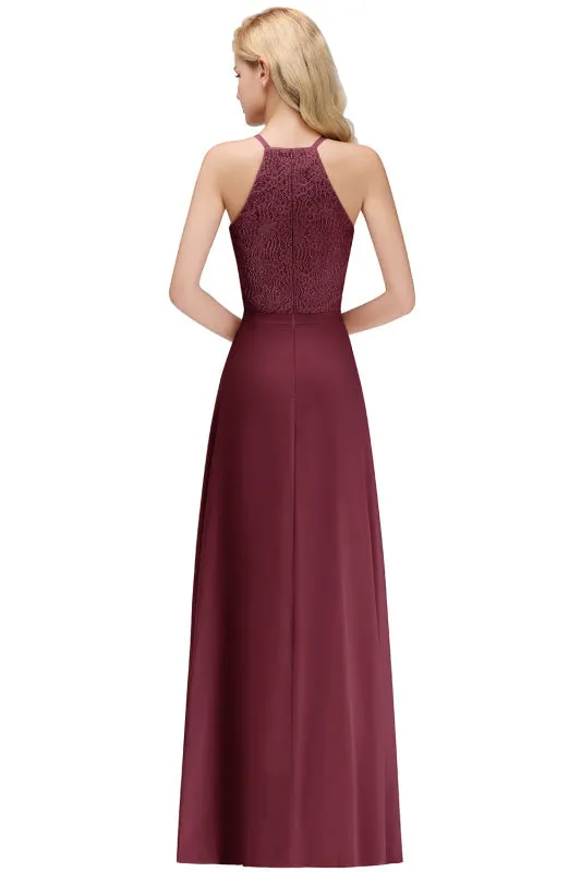 Halter Pleated Chiffon Aline Bridesmaid Dress Floral Lace Floor Length Evening Dress