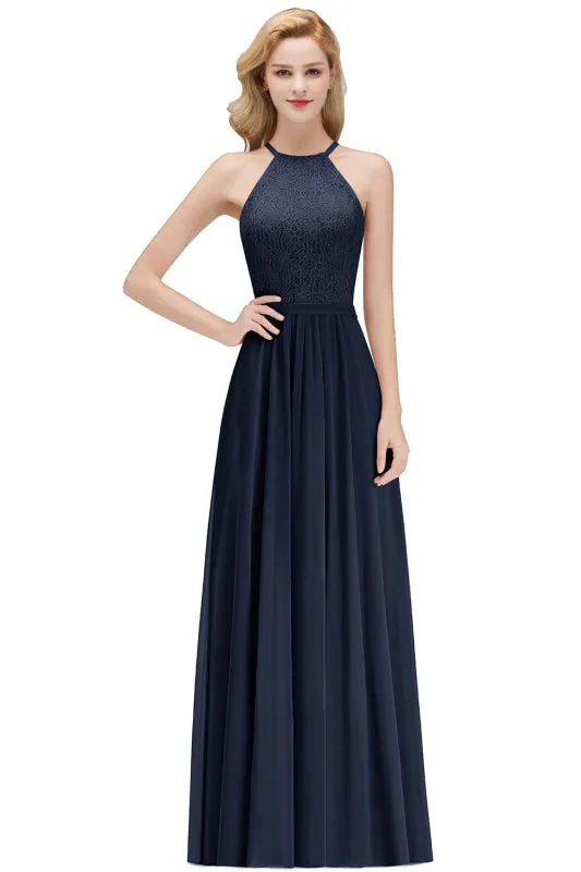 Halter Pleated Chiffon Aline Bridesmaid Dress Floral Lace Floor Length Evening Dress