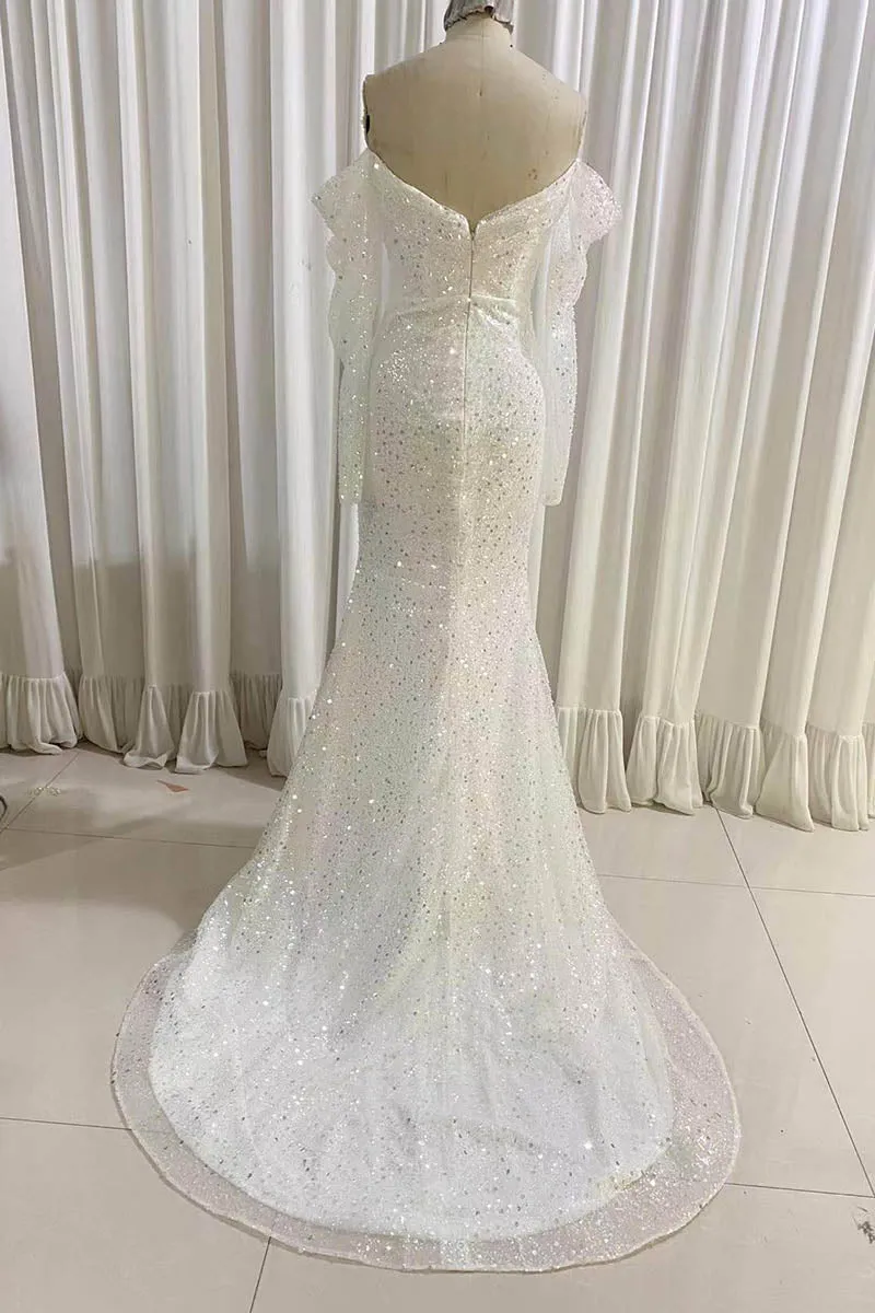 Ivory Mermaid Sequined Prom Dress with Long Sleeves Sparkly Long Party Dresses
