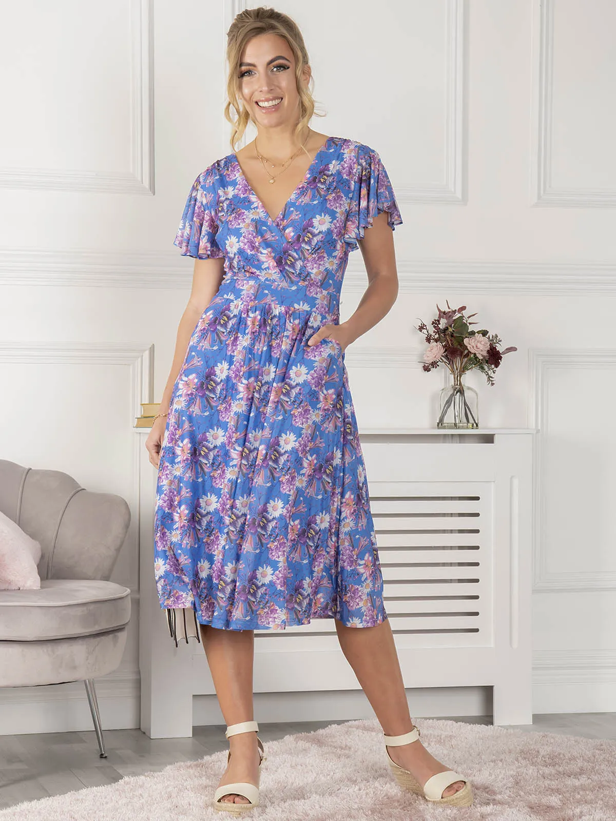 Jolie Moi Kaylynn Wrap Mesh Dress, Blue Floral