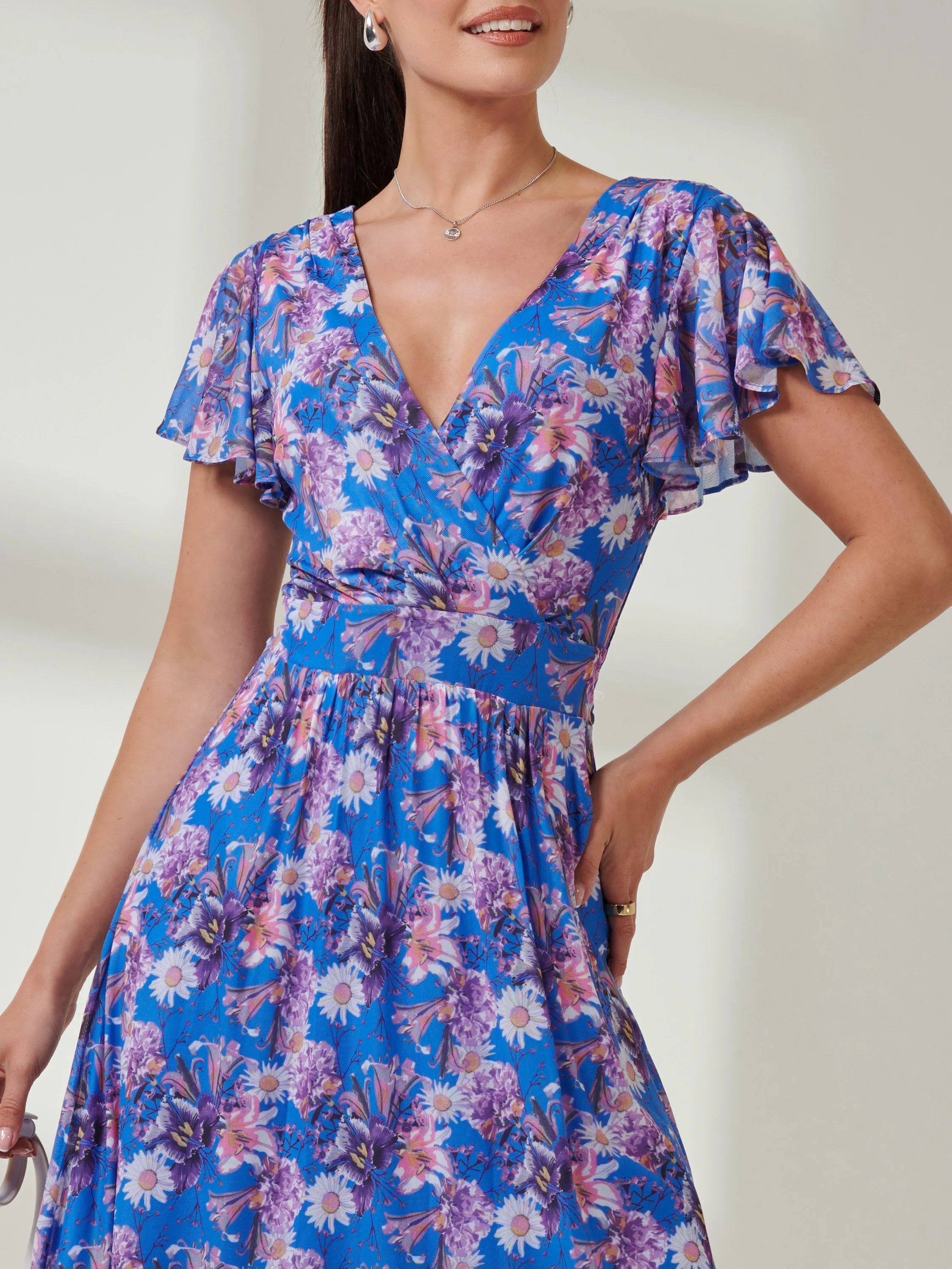 Jolie Moi Kaylynn Wrap Mesh Dress, Blue Floral