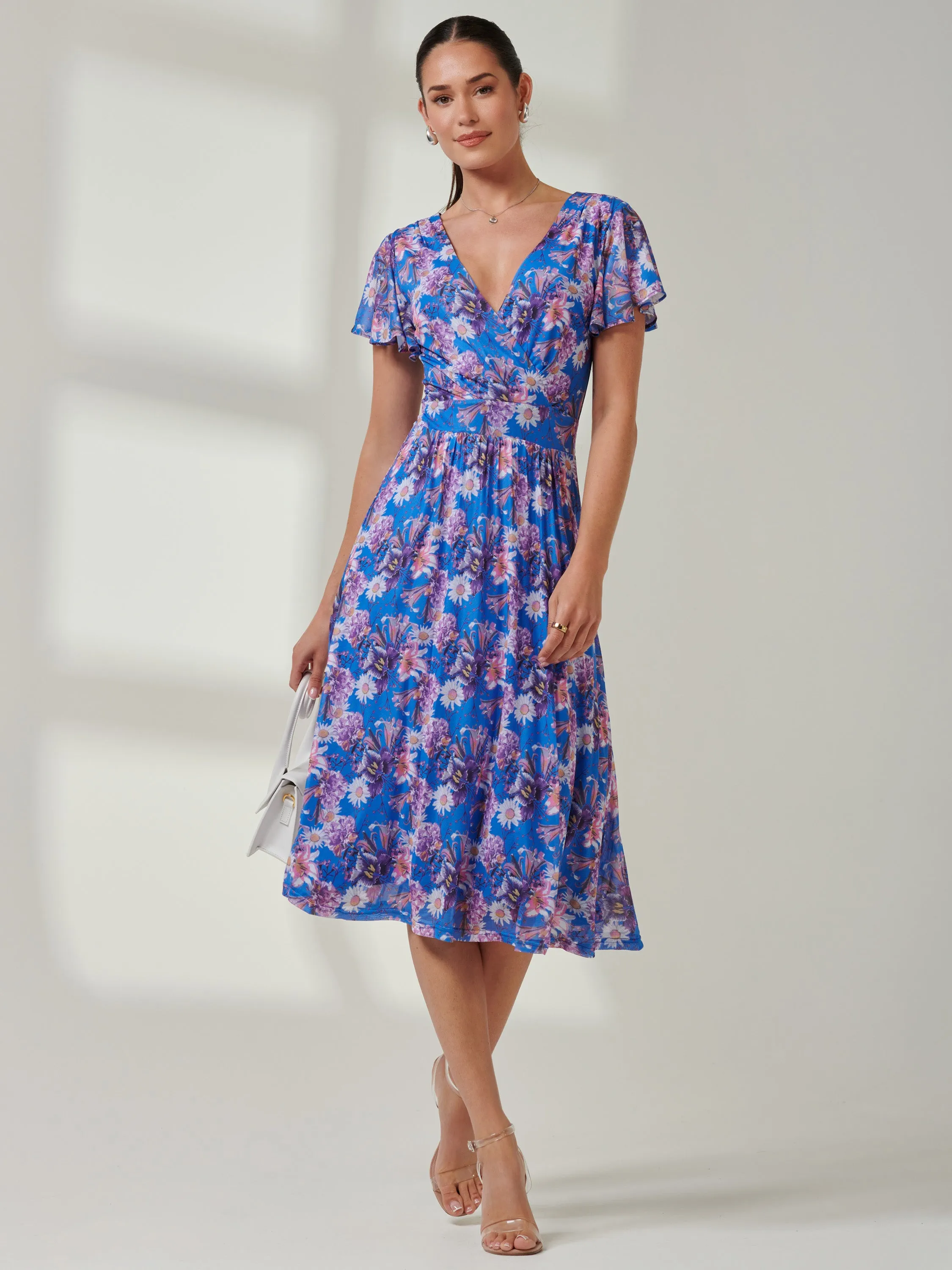 Jolie Moi Kaylynn Wrap Mesh Dress, Blue Floral