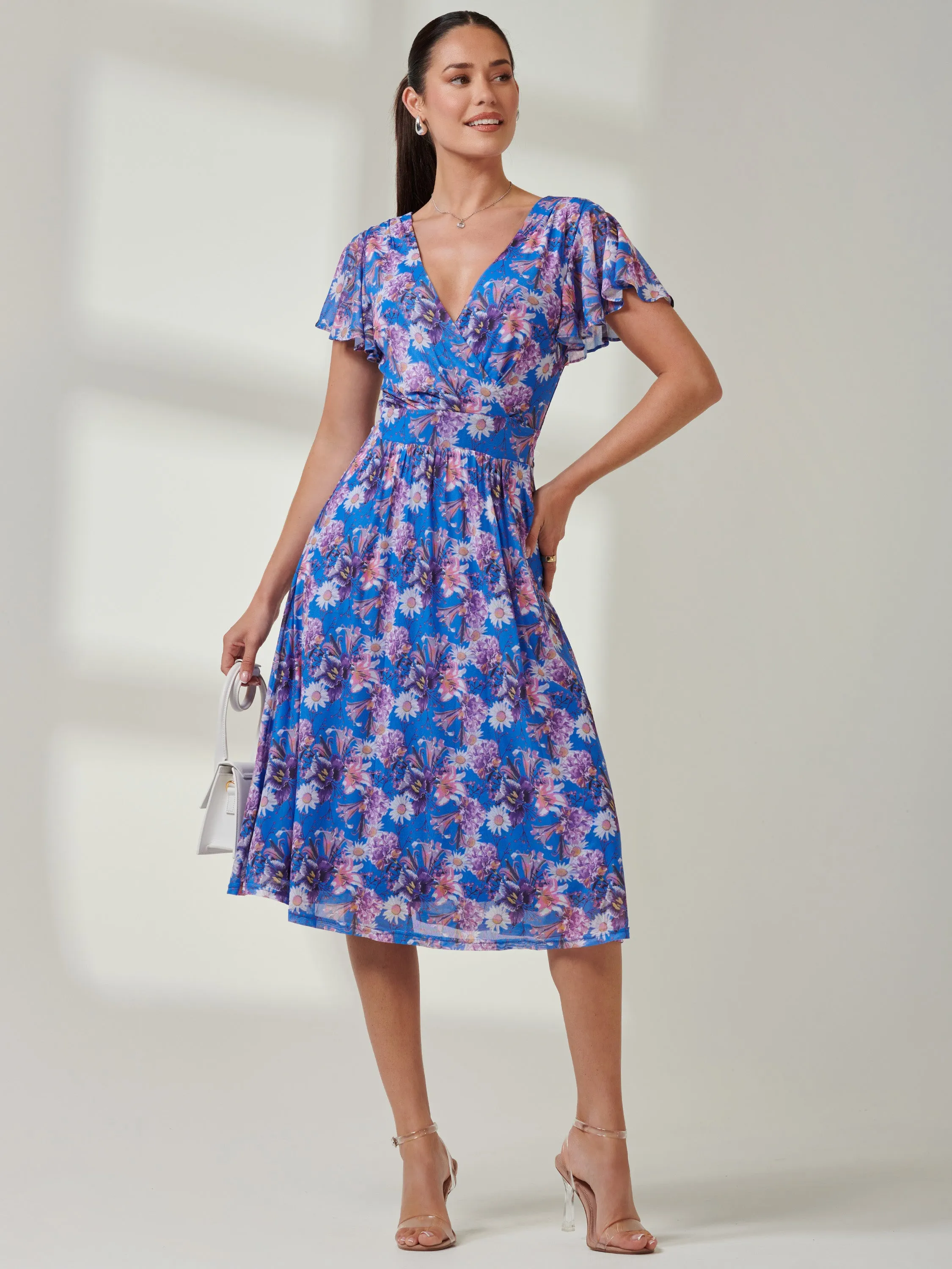 Jolie Moi Kaylynn Wrap Mesh Dress, Blue Floral