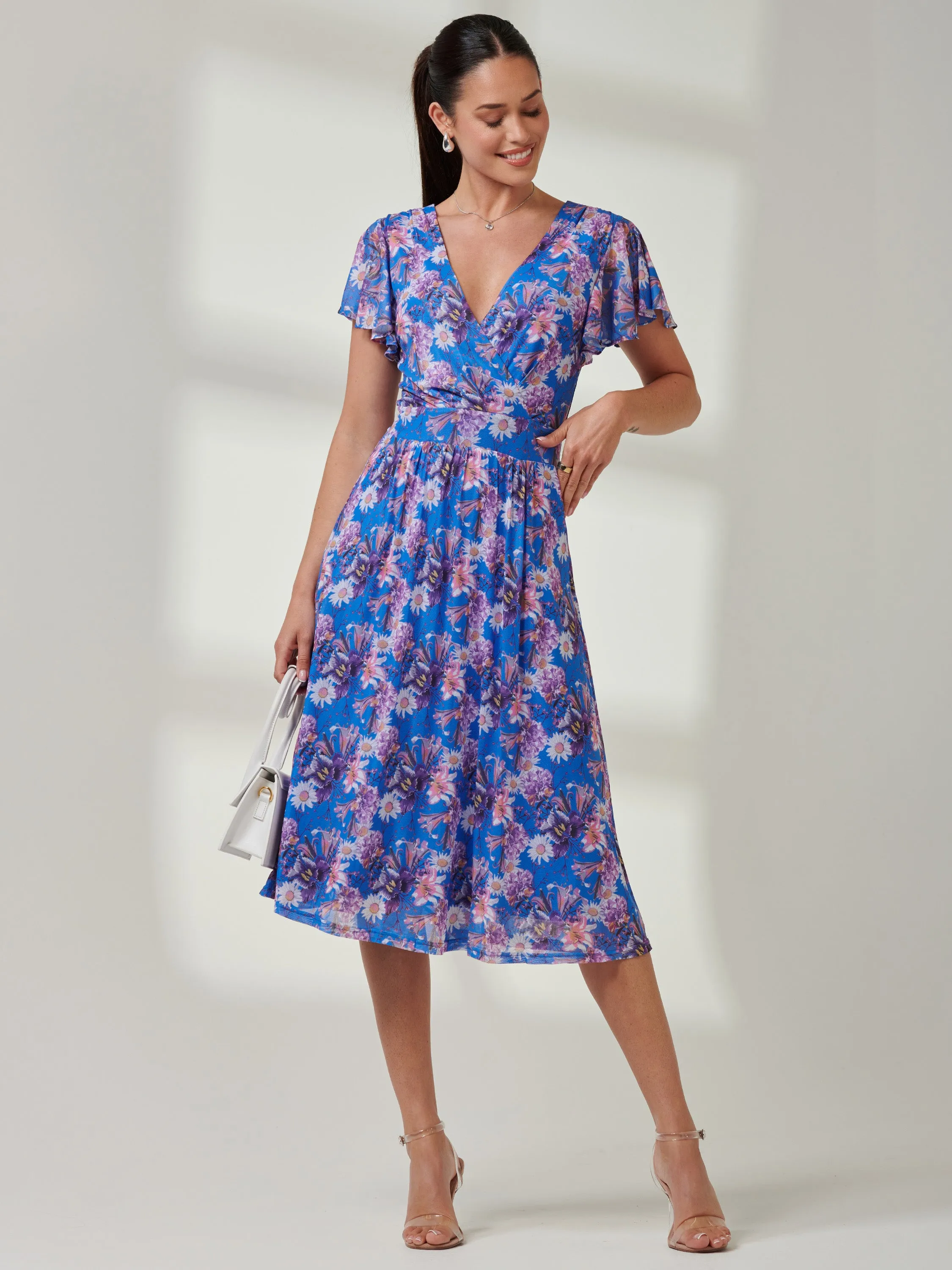 Jolie Moi Kaylynn Wrap Mesh Dress, Blue Floral