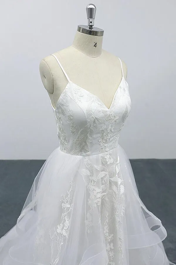 Long A-line Sweetheart Appliques Spaghetti Strap Tulle Wedding Dress