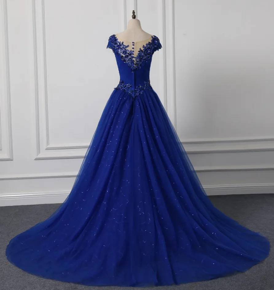 Long Neck Appliqued Wedding Dress Royal Blue Wedding Party Dresses