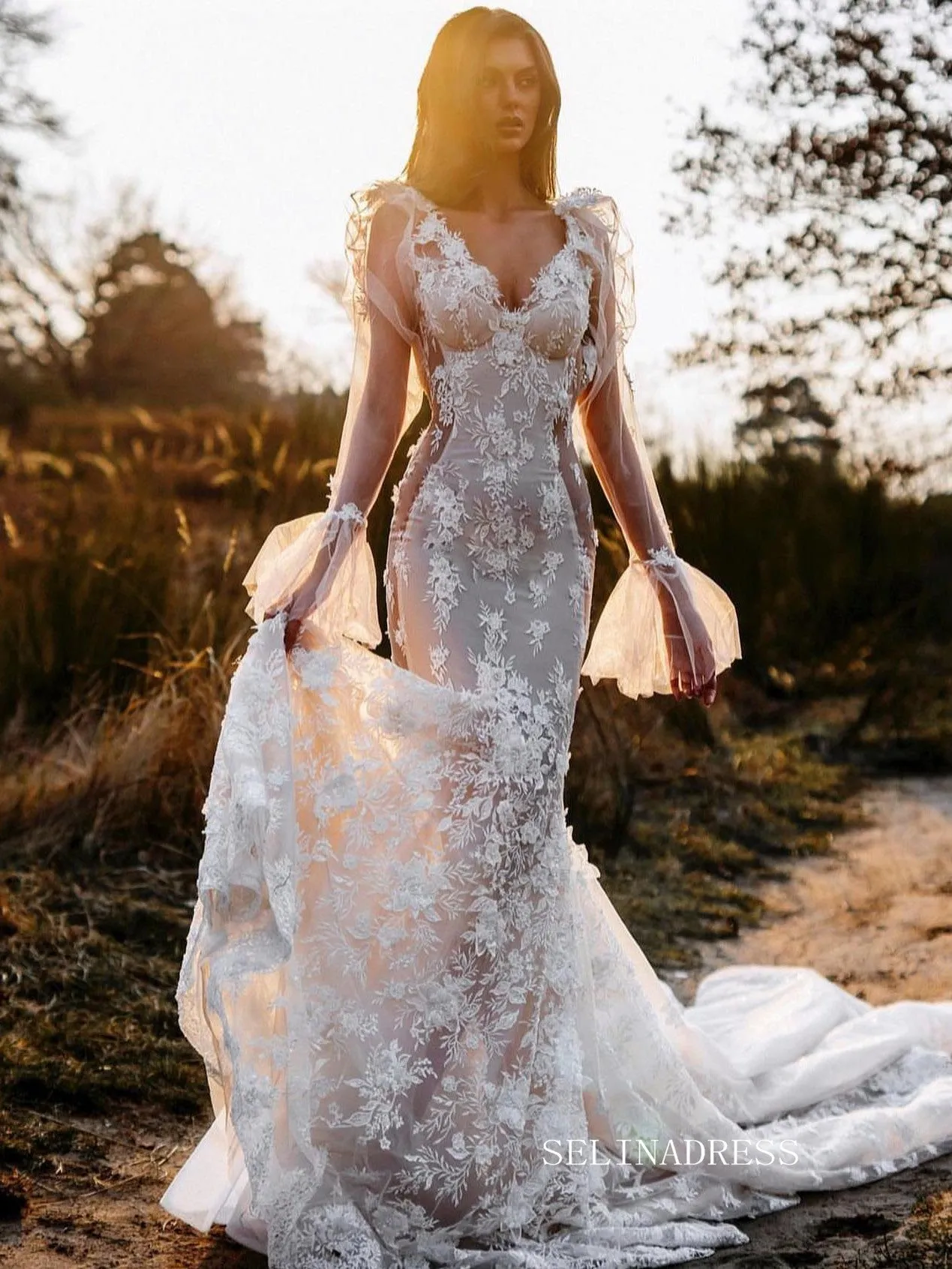 Luxury Mermaid Lace Wedding Dress Long Sleeve Illusion Open Back Sexy Bridal Gowns ASK009