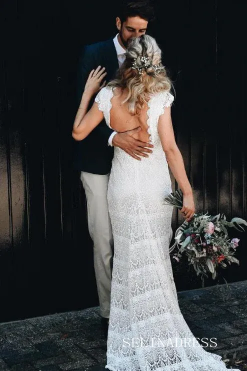 Mermaid Boho Lace Beach Wedding Dresses Cap Sleeve Bohemian Bridal Gown VD007