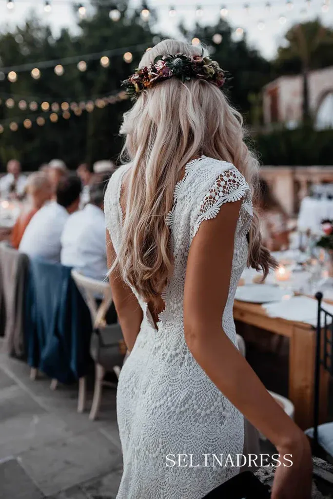 Mermaid Boho Lace Beach Wedding Dresses Cap Sleeve Bohemian Bridal Gown VD007