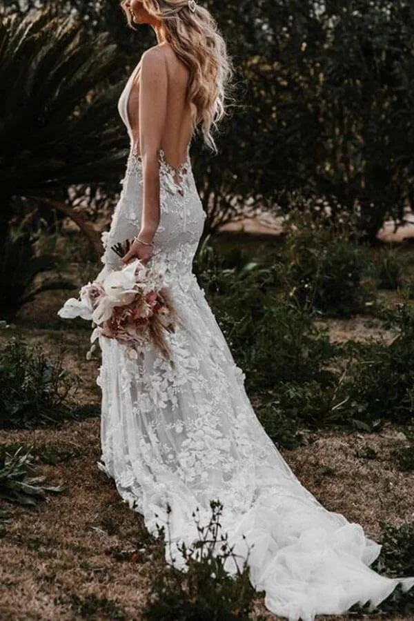 Mermaid Deep V Neck Wedding Dress Ivory Tulle Bridal Gown