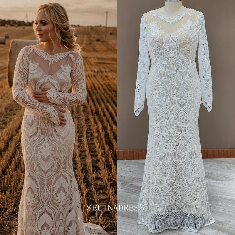 Mermaid Long Sleeve Lace Wedding Dresse Boho Custom Wedding Dress GRDK007