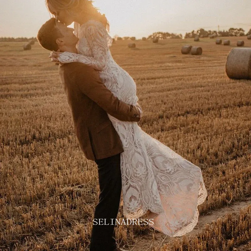 Mermaid Long Sleeve Lace Wedding Dresse Boho Custom Wedding Dress GRDK007