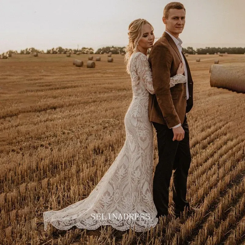 Mermaid Long Sleeve Lace Wedding Dresse Boho Custom Wedding Dress GRDK007