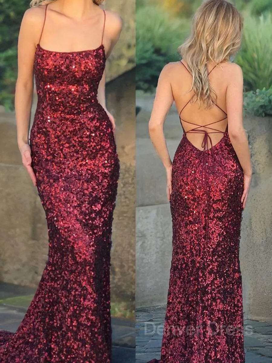 Mermaid Spaghetti Straps Sweep Train Sequins Evening Dresses