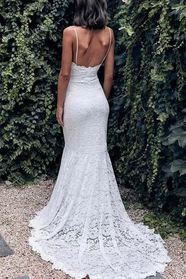 Mermaid Thin Straps Lace Wedding Dress With Sweep Train