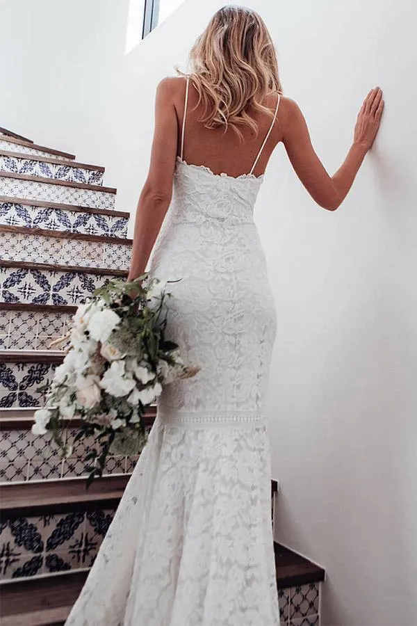 Mermaid Thin Straps Lace Wedding Dress With Sweep Train