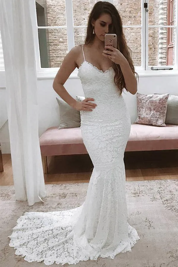 Mermaid Thin Straps Lace Wedding Dress With Sweep Train