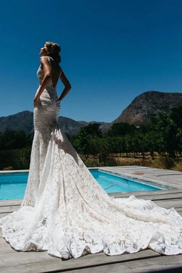 Mermaid V-neck Rose Lace Wedding Dress With Pocket