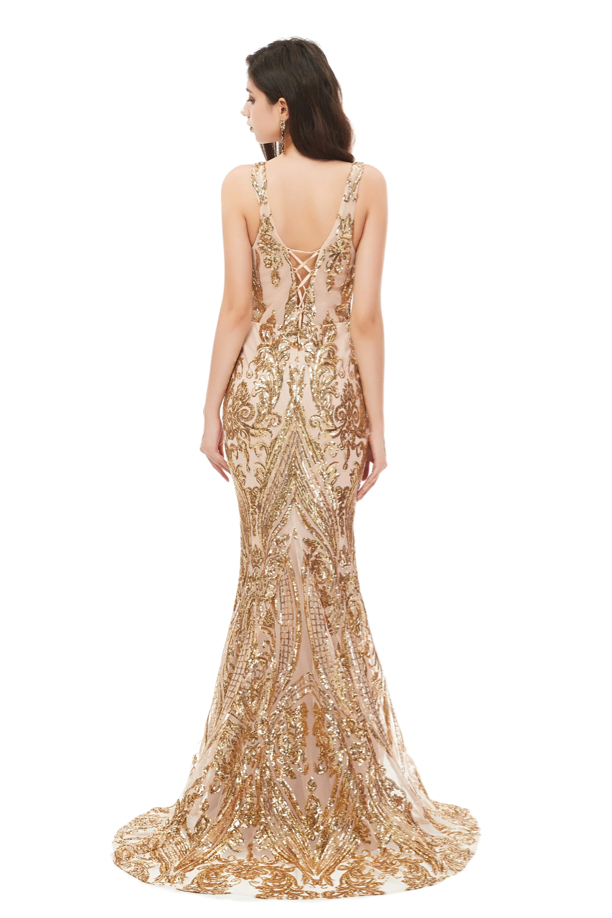 Mermaid V Neck Sleeveless Sequind Long Prom Dresses