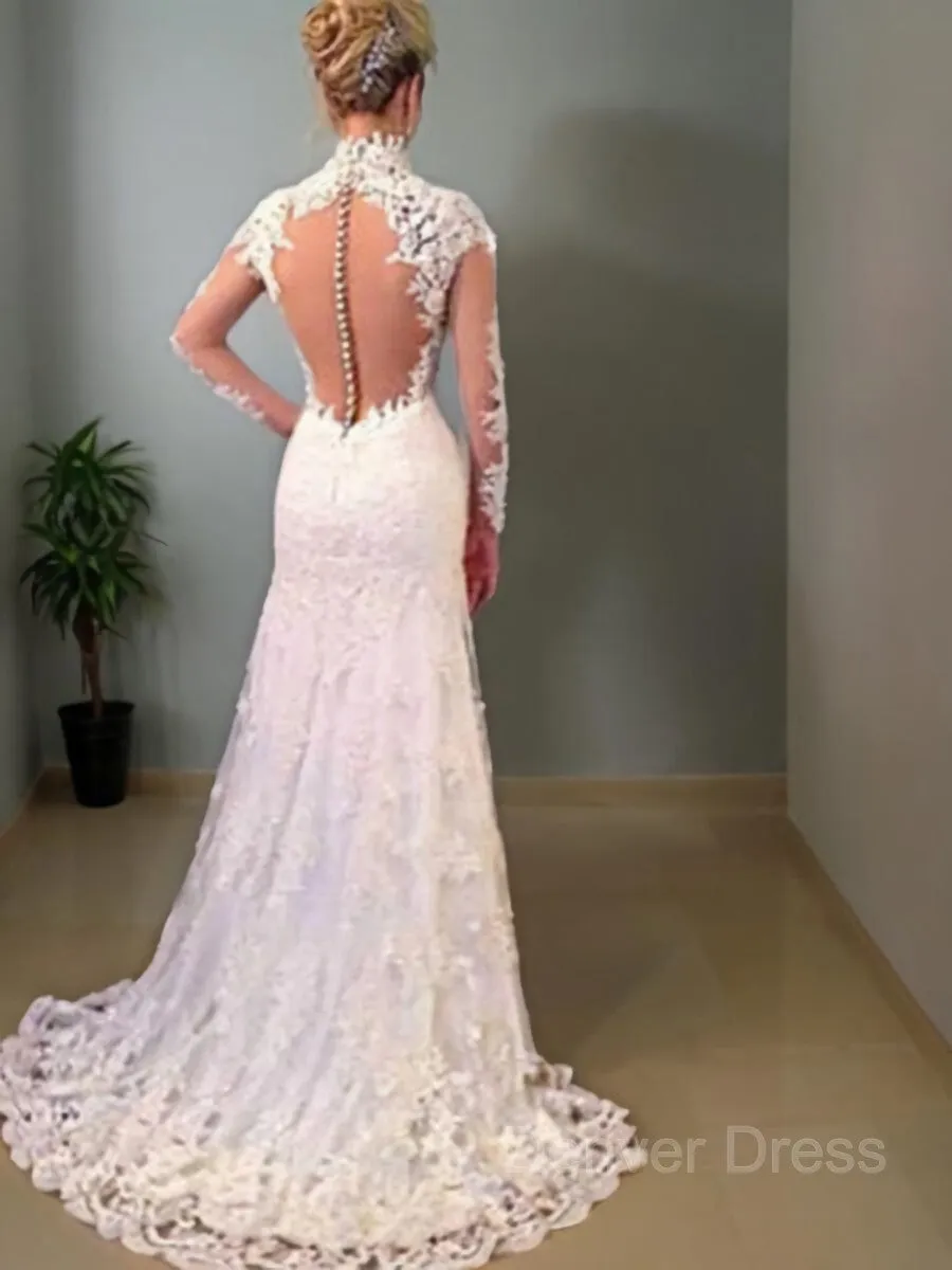 Mermaid V-neck Sweep Train Lace Wedding Dresses With Appliques Lace