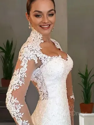 Mermaid V-neck Sweep Train Lace Wedding Dresses With Appliques Lace