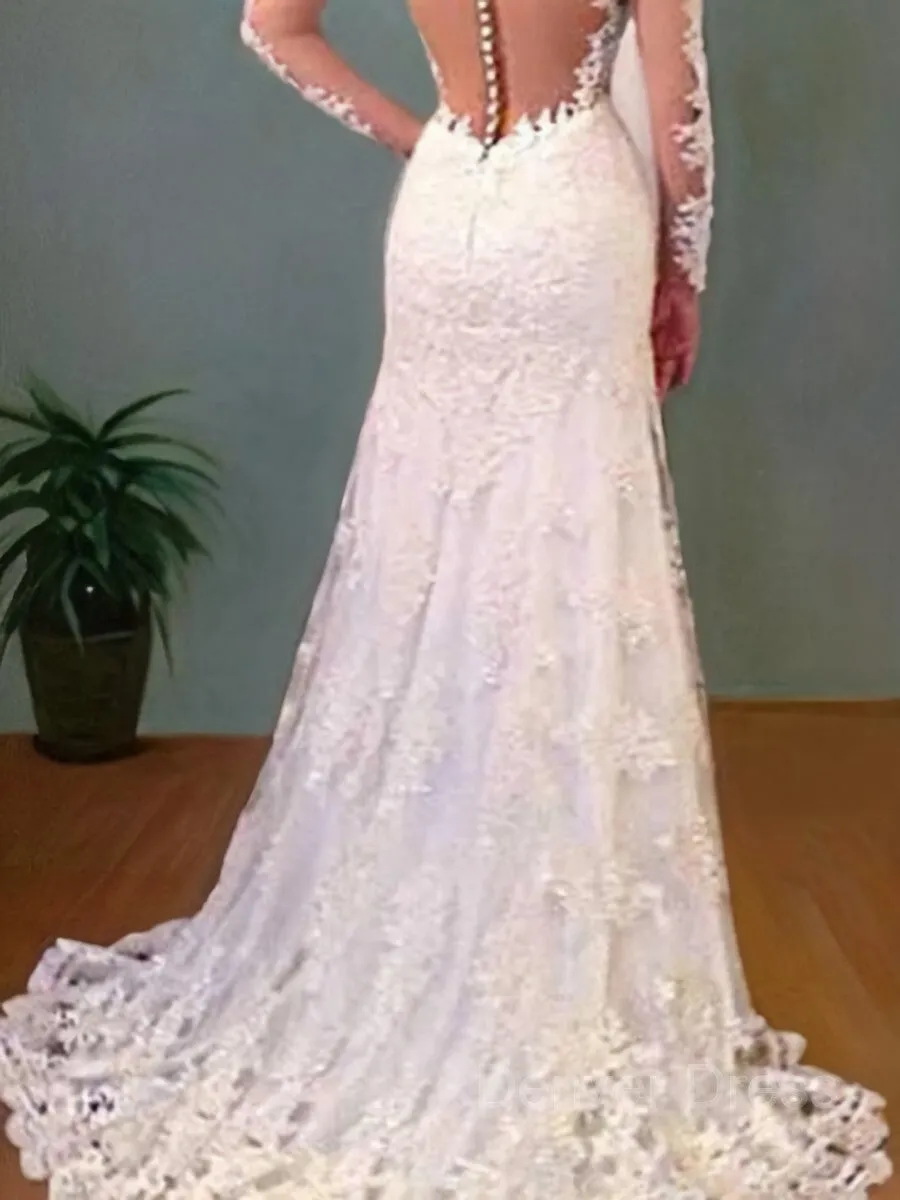 Mermaid V-neck Sweep Train Lace Wedding Dresses With Appliques Lace