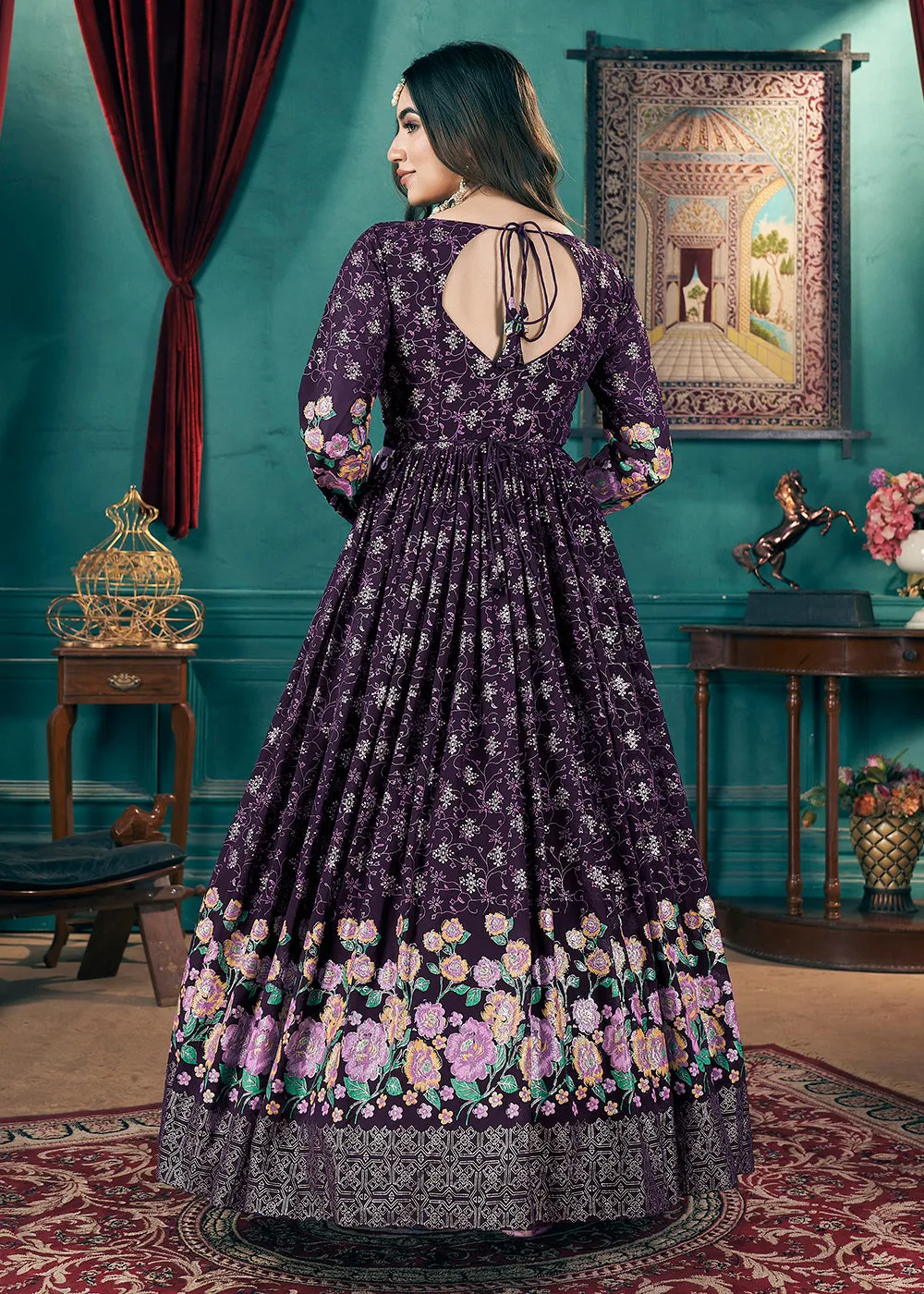 Metalic Foil Work Embroidered Wedding Festive Purple Anarkali Gown