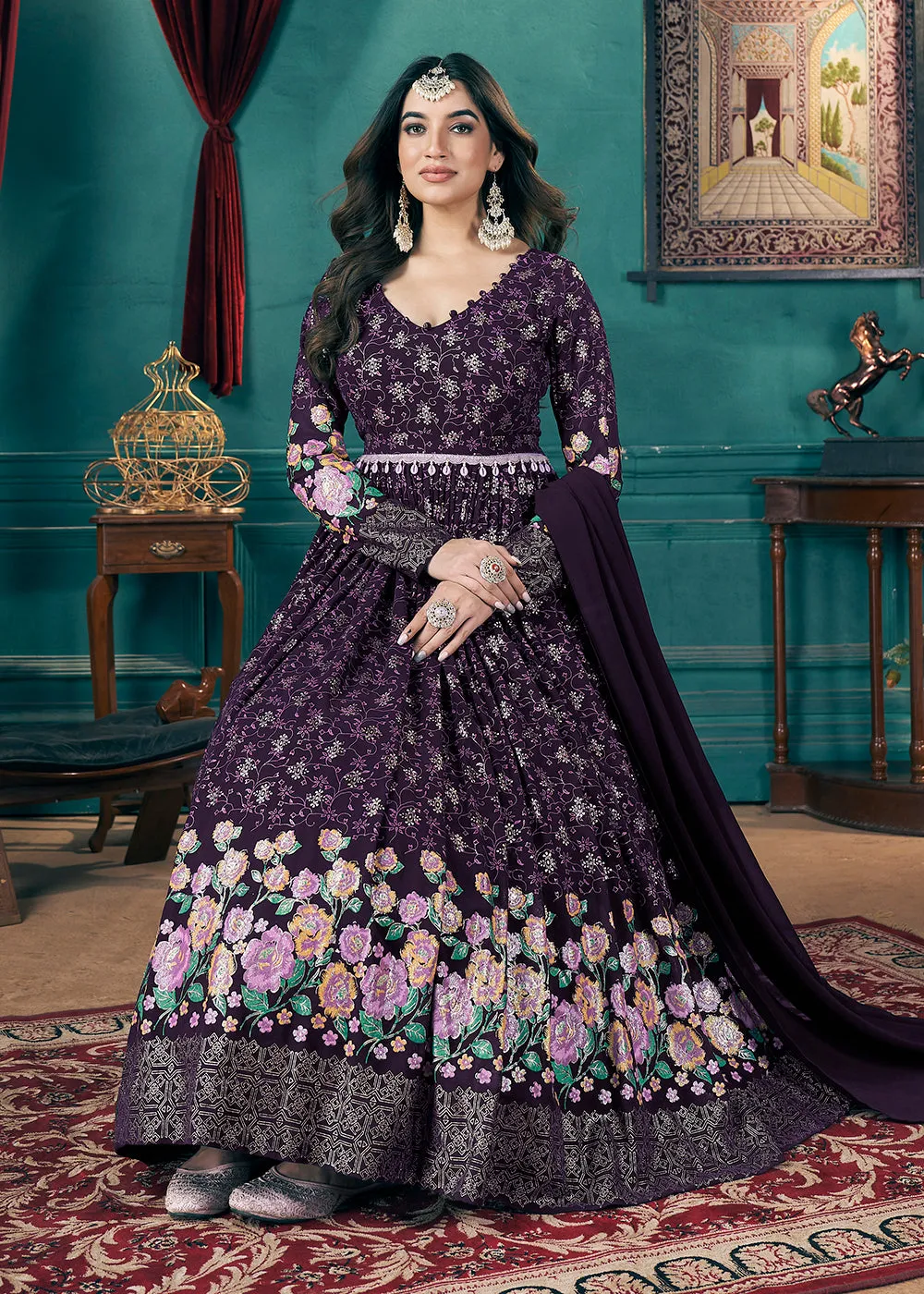 Metalic Foil Work Embroidered Wedding Festive Purple Anarkali Gown