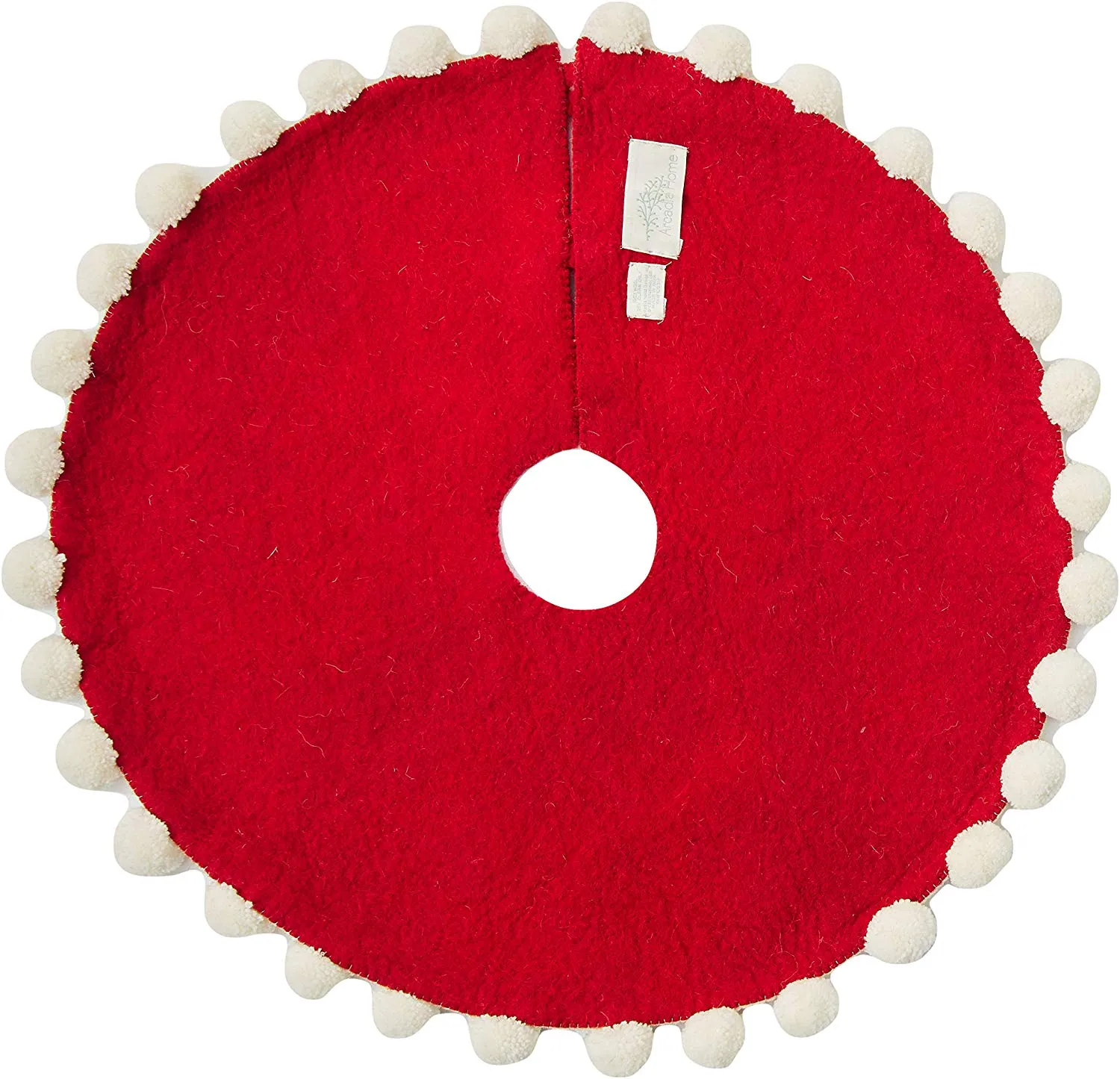 Mini Christmas Tree Skirt - Pom Poms on Red - in Hand Felted Wool - 26"