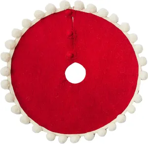 Mini Christmas Tree Skirt - Pom Poms on Red - in Hand Felted Wool - 26"