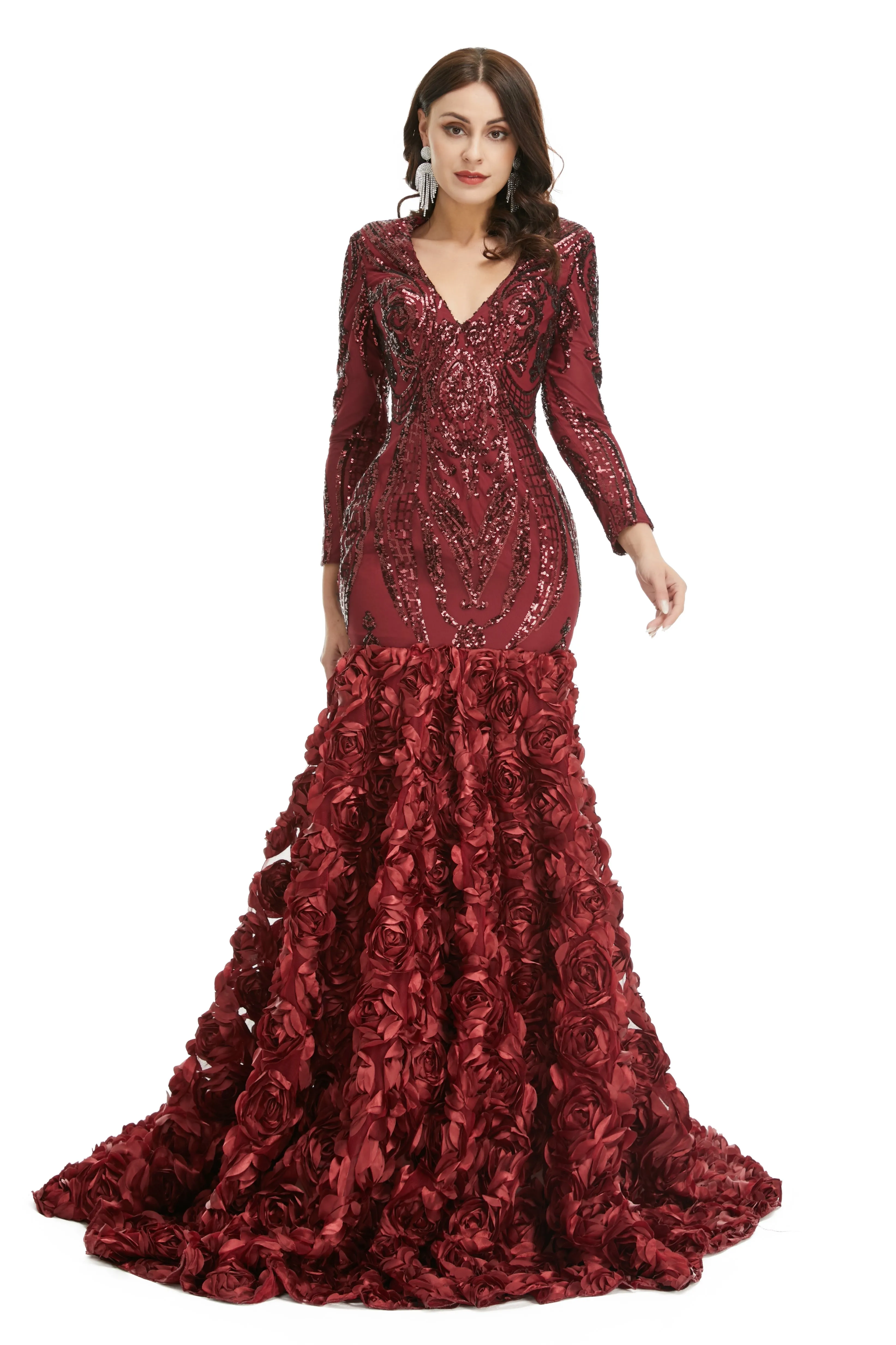 Prom Dress, Long V Neck Prom Gowns Full Sleeve Formal Dresses, Floor Length Dress