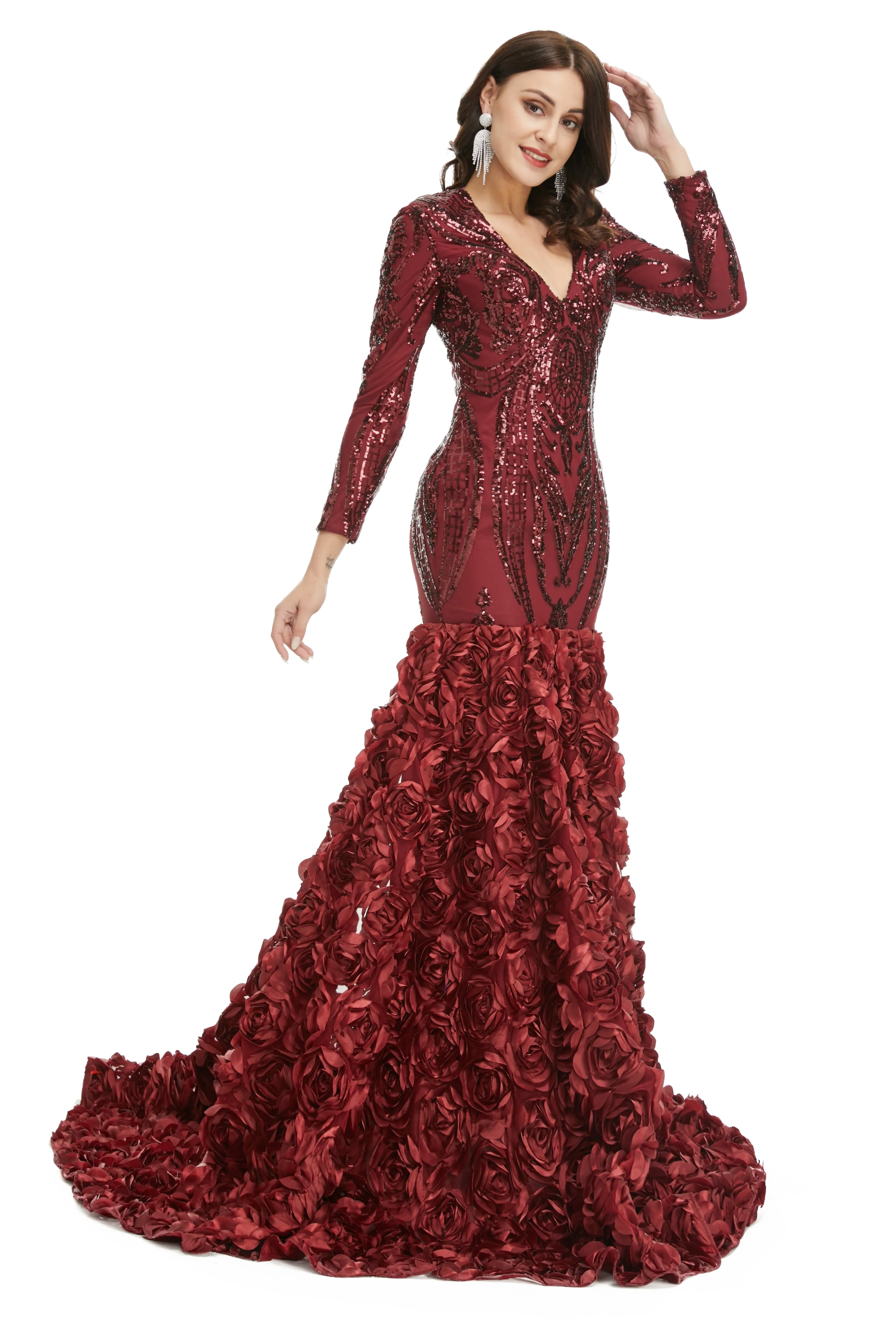Prom Dress, Long V Neck Prom Gowns Full Sleeve Formal Dresses, Floor Length Dress