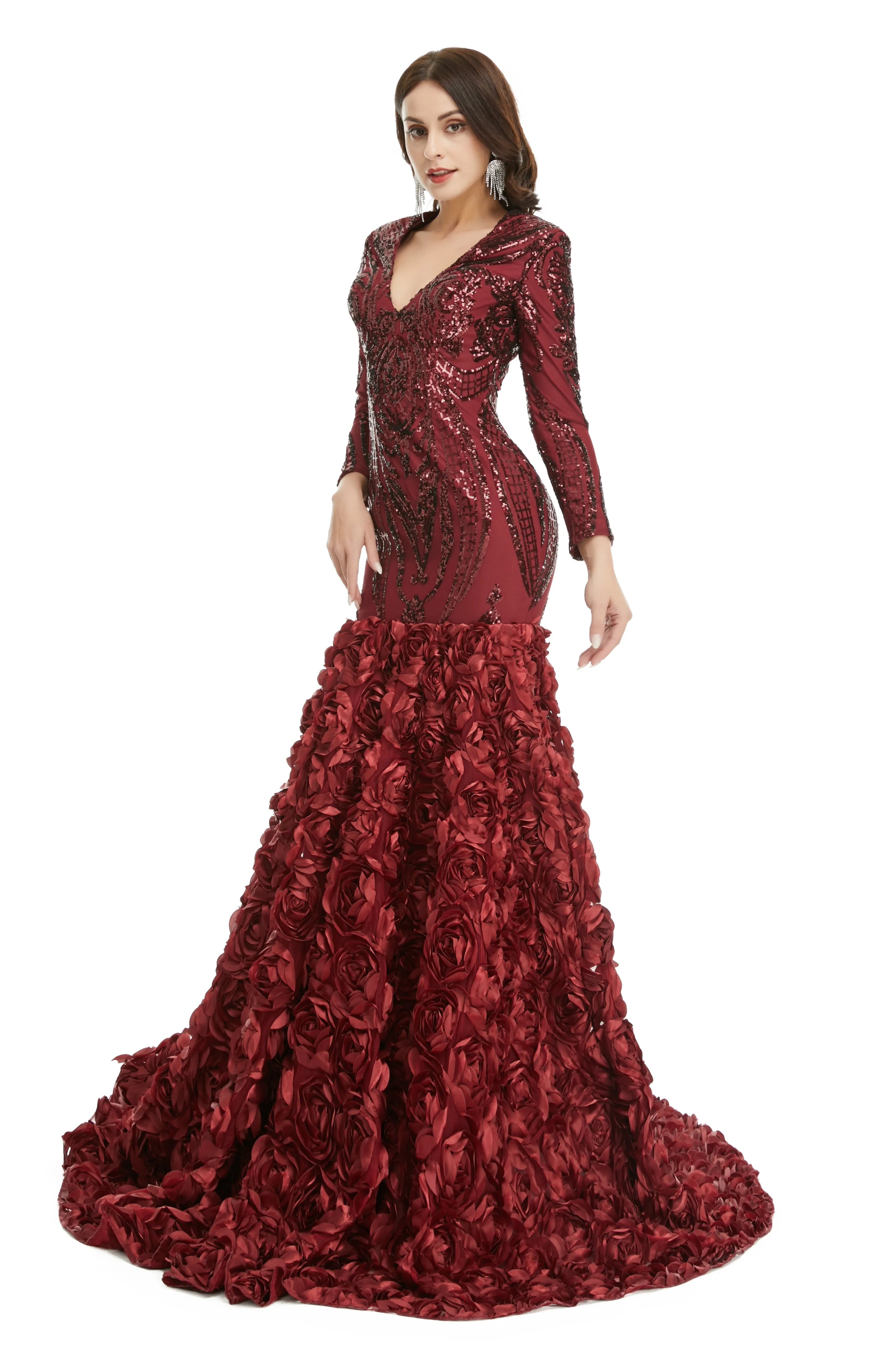 Prom Dress, Long V Neck Prom Gowns Full Sleeve Formal Dresses, Floor Length Dress